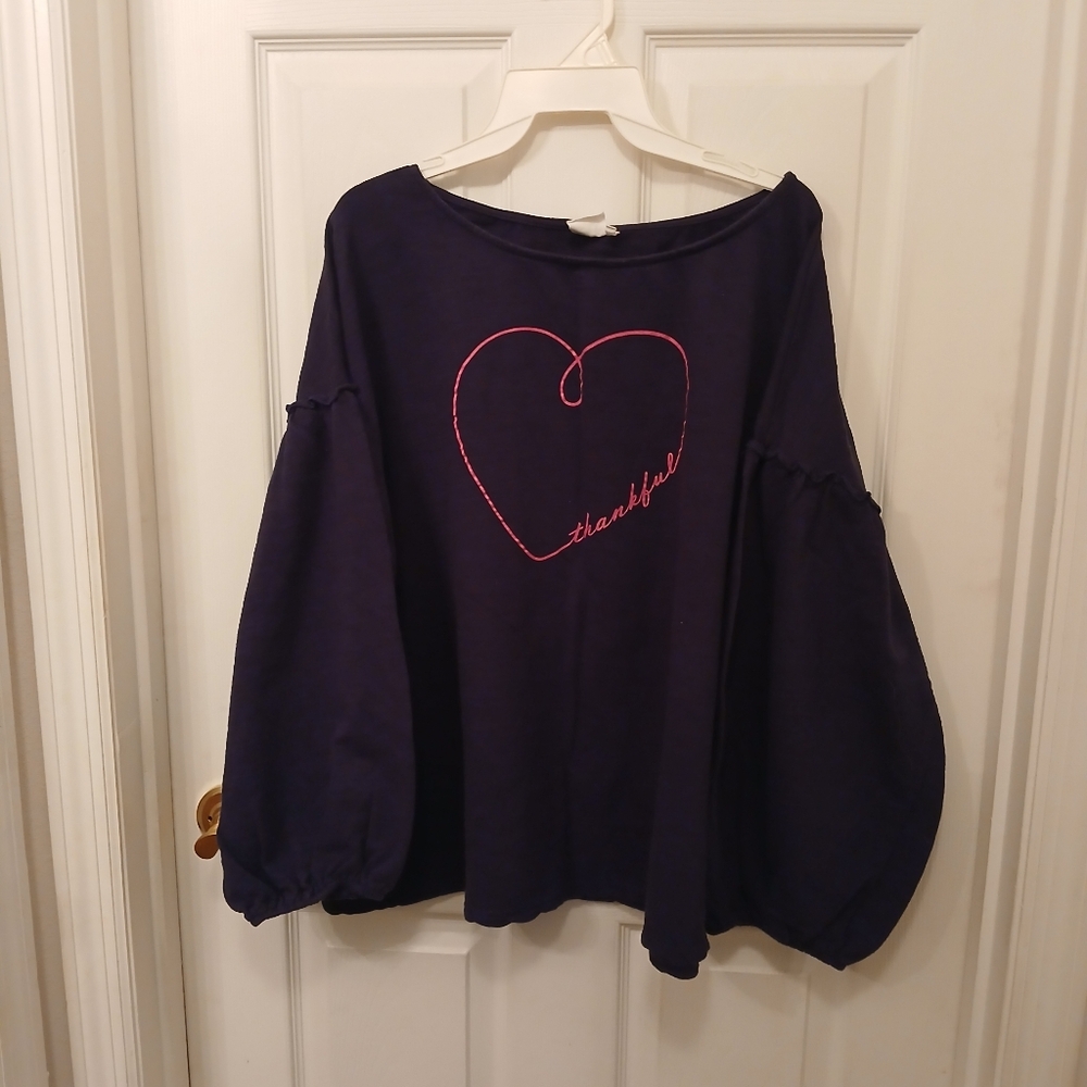 Suzanne Betro Simple Top Women's Size 3X Graphic Thankful Navy Blue